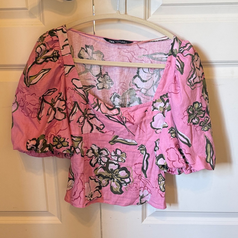Zara Pink Floral Square-Neck Puff Sleeve Top